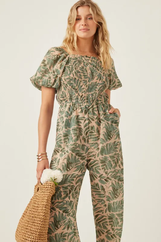 Womens Tropical Leaf Print Smocked Puff Sleeve Jumpsuit sold by Hayden