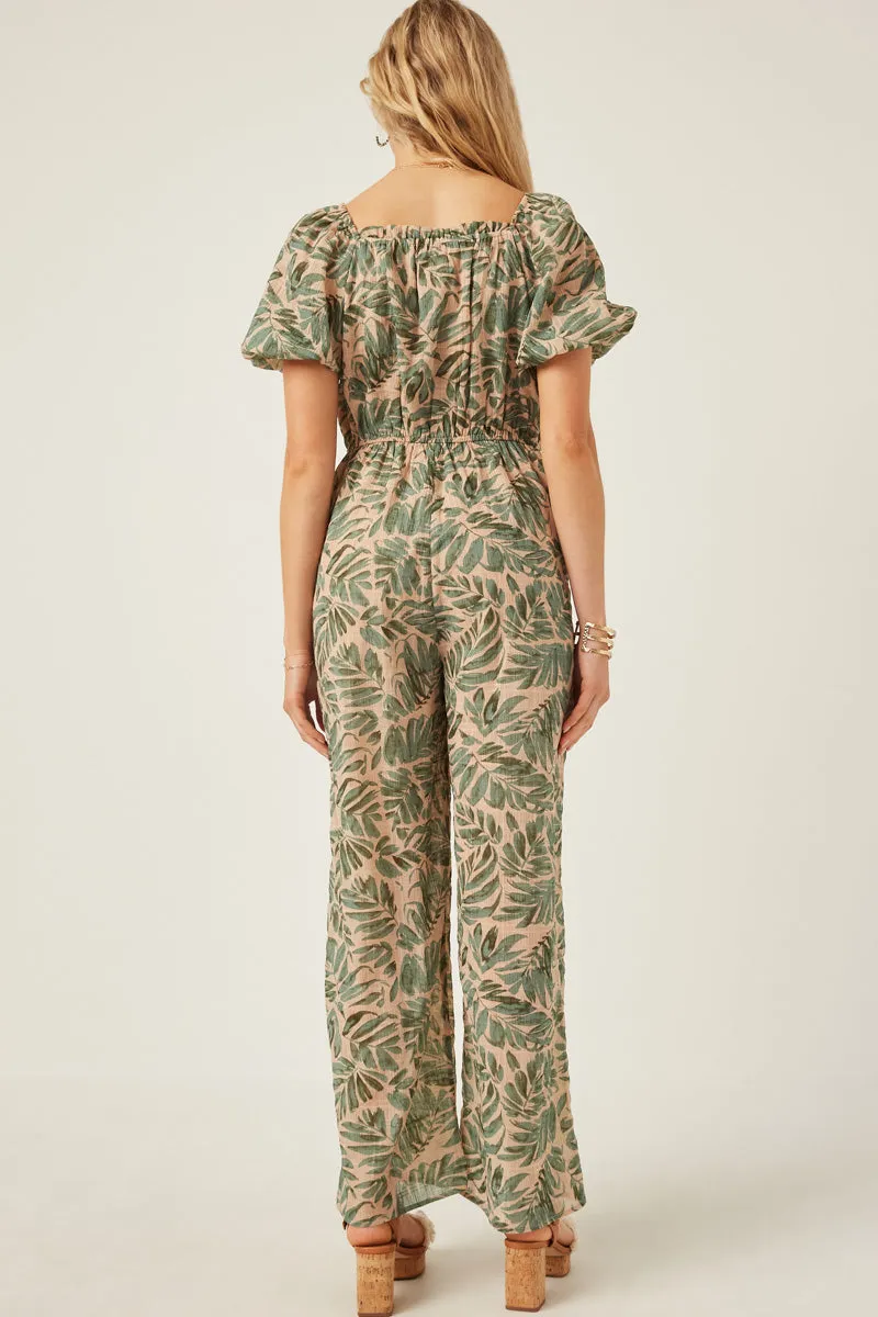 Womens Tropical Leaf Print Smocked Puff Sleeve Jumpsuit sold by Hayden product image thumbnail 5