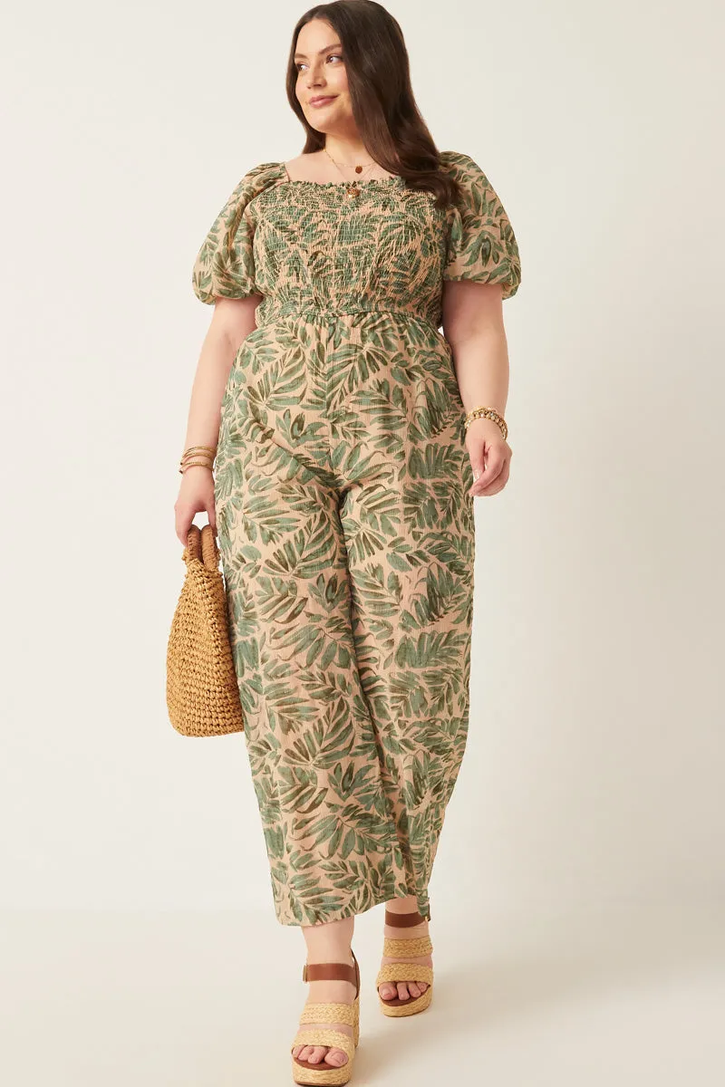 Womens Tropical Leaf Print Smocked Puff Sleeve Jumpsuit sold by Hayden product image thumbnail 2