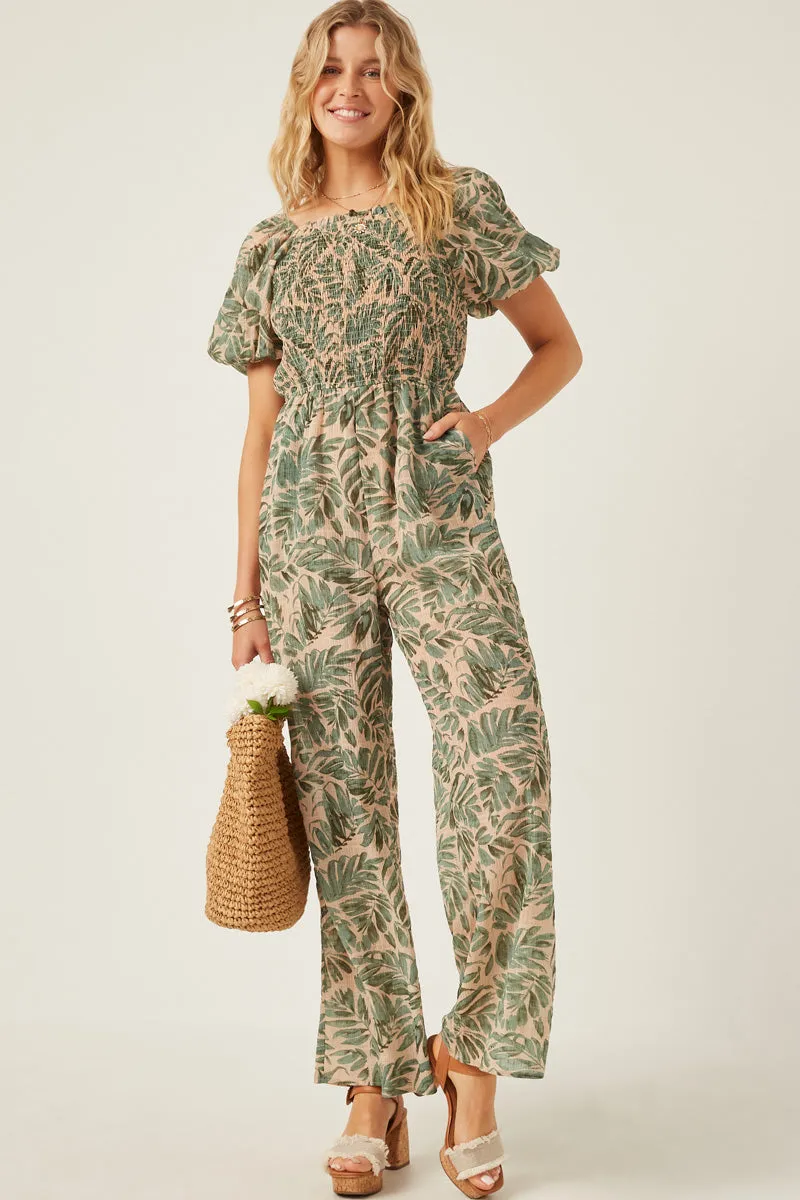 Womens Tropical Leaf Print Smocked Puff Sleeve Jumpsuit sold by Hayden product image thumbnail 3
