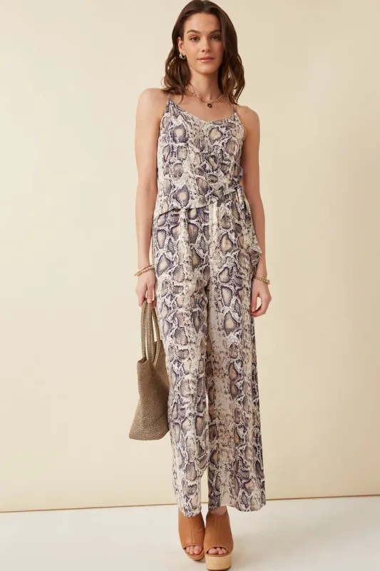 Womens Surplice Tied Wide Leg Snake Print Jumpsuit made by Hayden