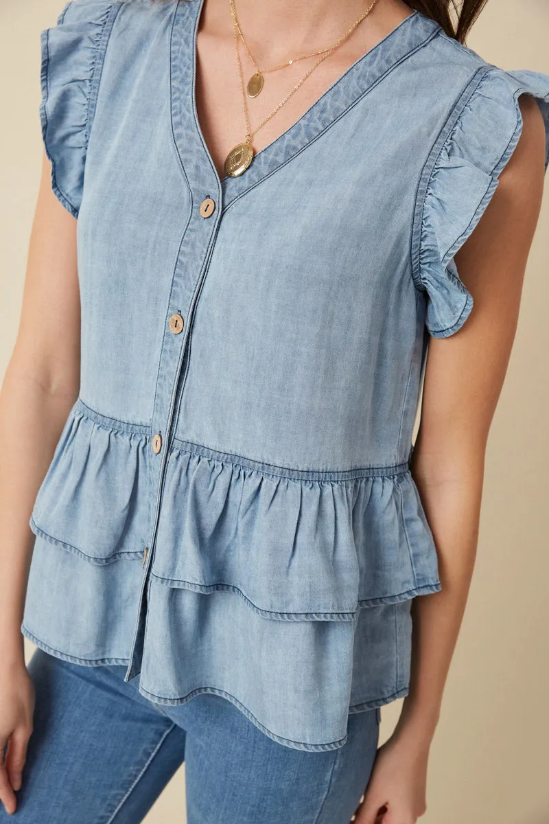 Womens Button Detail Ruffled Denim Top sold by Hayden product image thumbnail 3