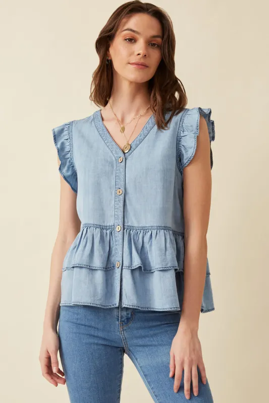 Womens Button Detail Ruffled Denim Top sold by Hayden