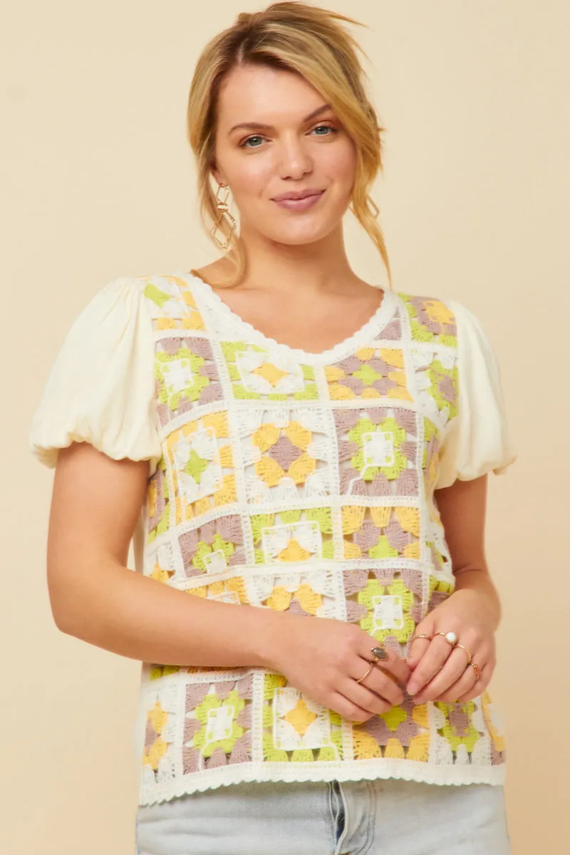 Womens Crochet Quilted V Neck Puff Sleeve Top sold by Hayden product image thumbnail 3