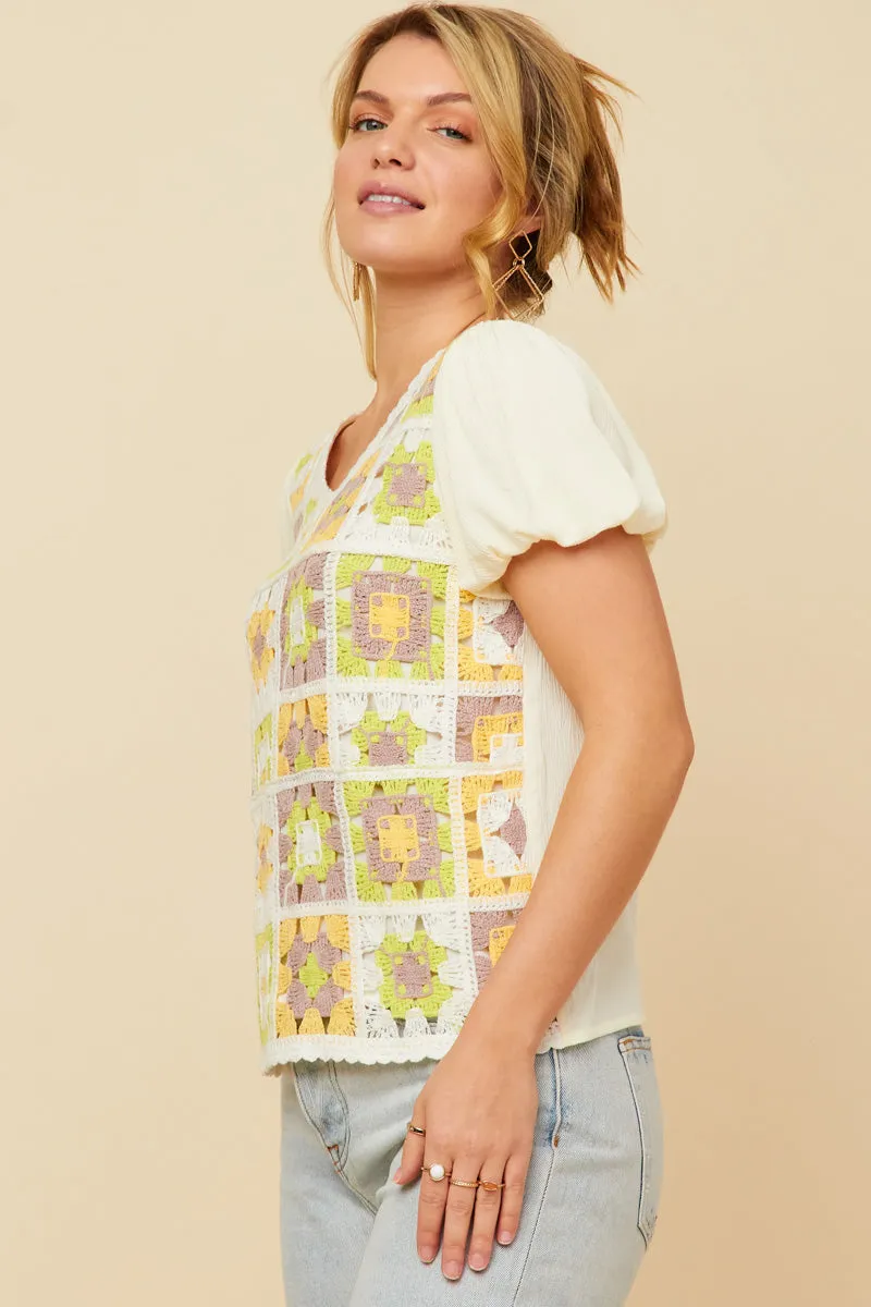 Womens Crochet Quilted V Neck Puff Sleeve Top sold by Hayden product image thumbnail 4