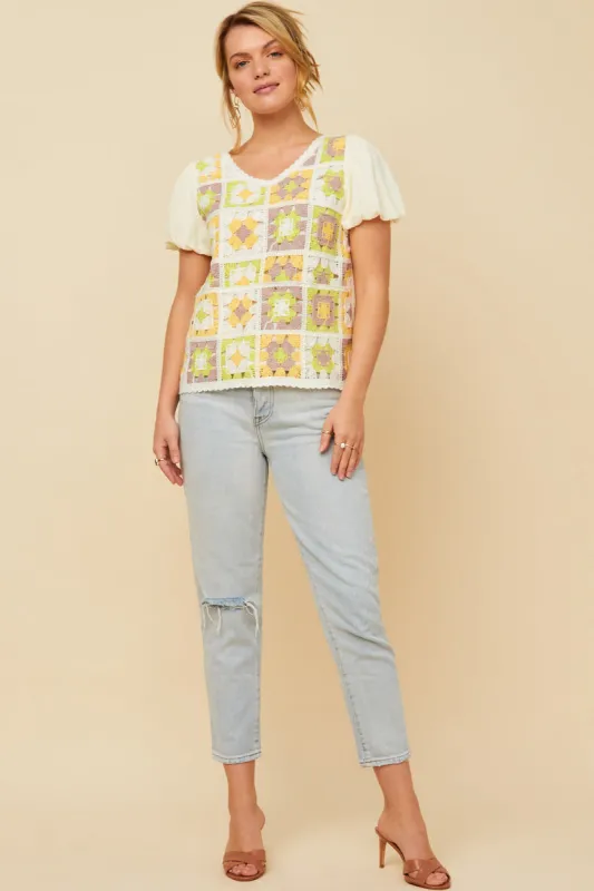 Womens Crochet Quilted V Neck Puff Sleeve Top sold by Hayden