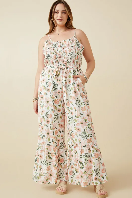 Womens Floral Print Belted Ruffled Wideleg Smocked Jumpsuit sold by Hayden