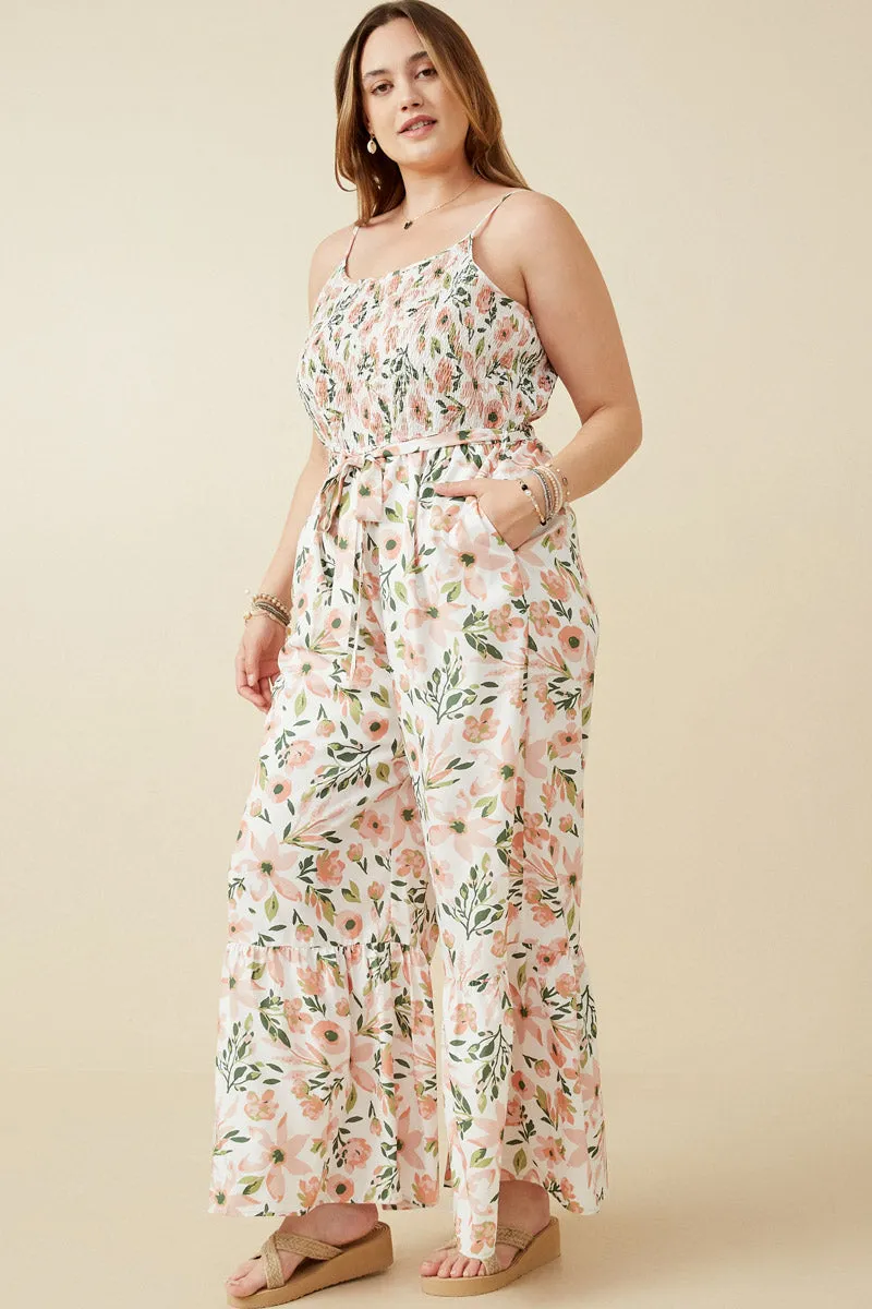 Womens Floral Print Belted Ruffled Wideleg Smocked Jumpsuit sold by Hayden product image thumbnail 5