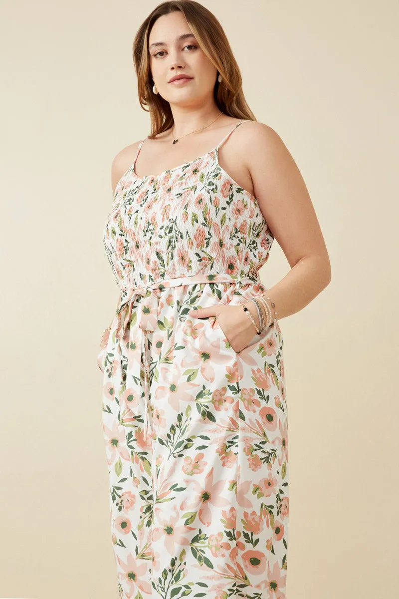 Womens Floral Print Belted Ruffled Wideleg Smocked Jumpsuit sold by Hayden product image thumbnail 2