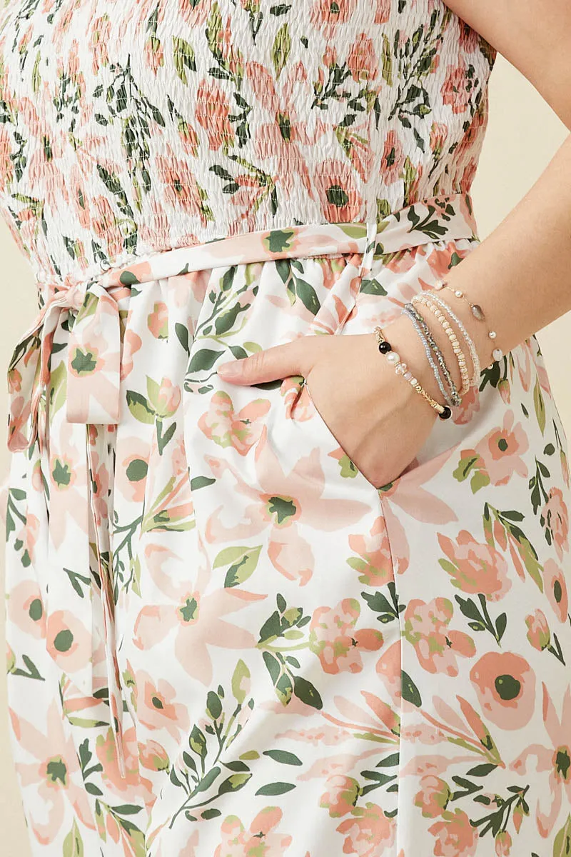 Womens Floral Print Belted Ruffled Wideleg Smocked Jumpsuit sold by Hayden product image thumbnail 3