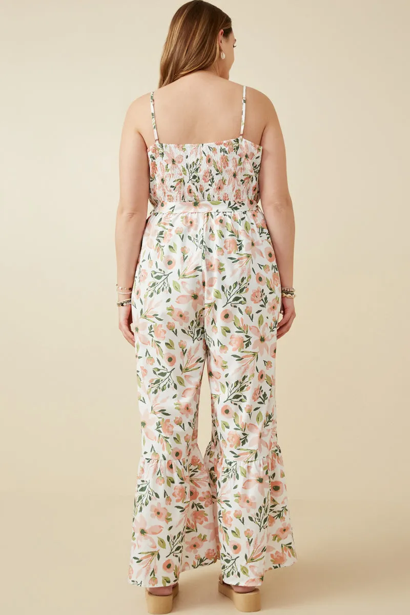 Womens Floral Print Belted Ruffled Wideleg Smocked Jumpsuit sold by Hayden product image thumbnail 4
