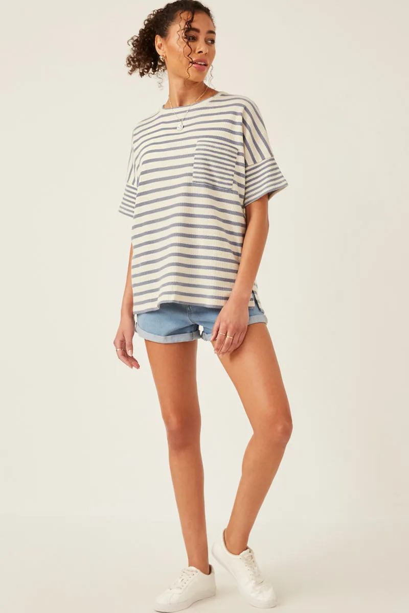 Womens Waffle Textured Mixed Stripe Oversize Knit Tee sold by Hayden