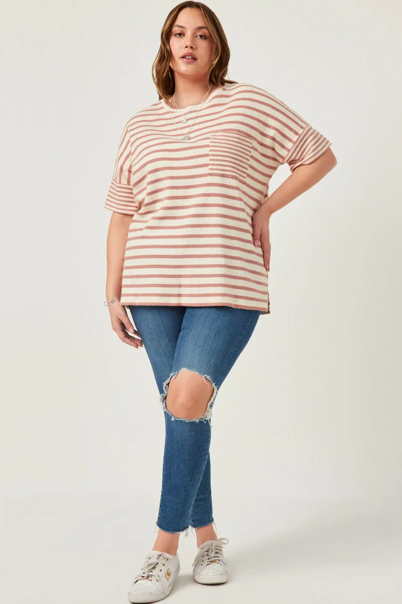 Womens Waffle Textured Mixed Stripe Oversize Knit Tee sold by Hayden product image thumbnail 2