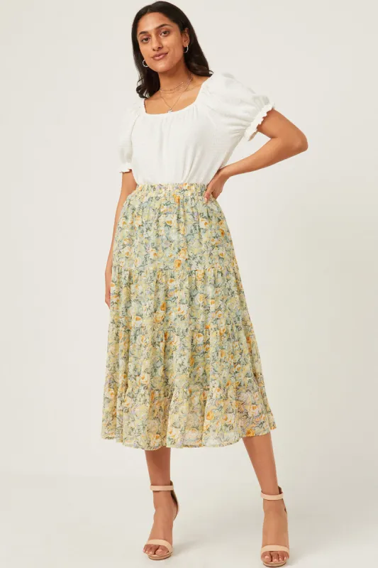 Womens Chiffon Floral Tiered Elastic Waist Midi Skirt sold by Hayden