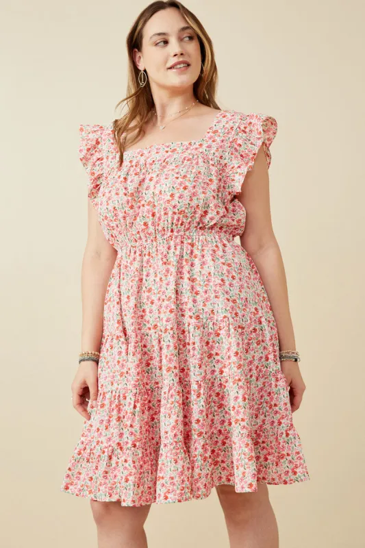 Womens Floral Print Square Neck Ruffle Shoulder Dress made by Hayden