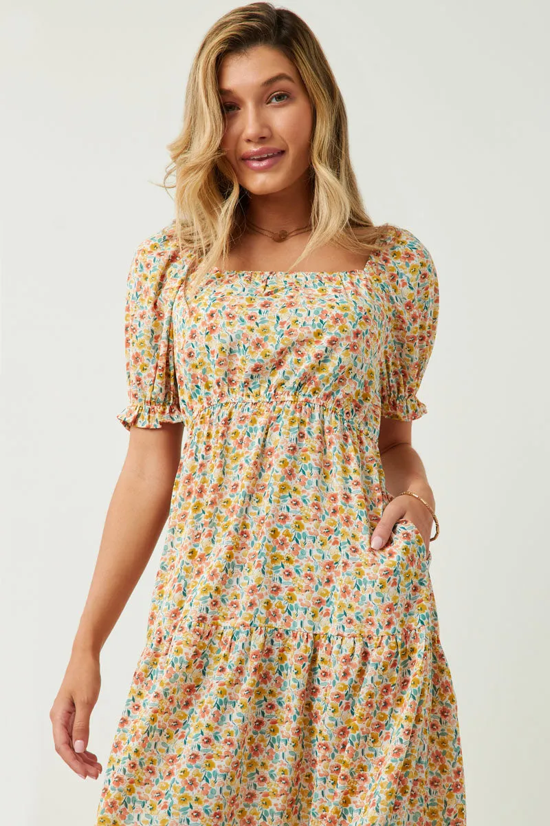 Womens Floral Print Smocked Back Square Neck Puff Sleeve Dress sold by Hayden product image thumbnail 3