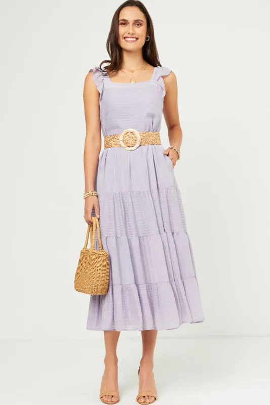 Womens Textured Stripe Ruffle Sleeve Button Detail Tiered Dress made by Hayden