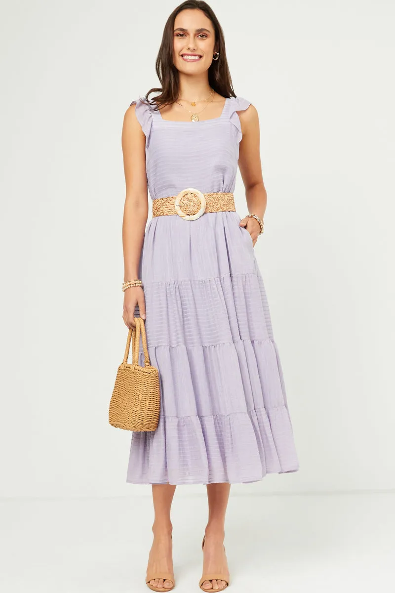 Womens Textured Stripe Ruffle Sleeve Button Detail Tiered Dress sold by Hayden