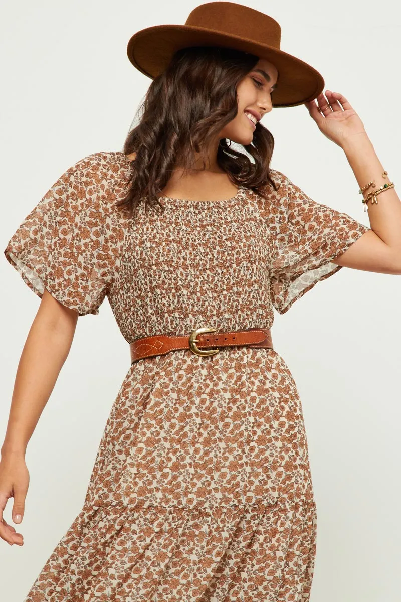 Womens Square Neck Smocked Puff Sleeve Midi Dress sold by Hayden product image thumbnail 3