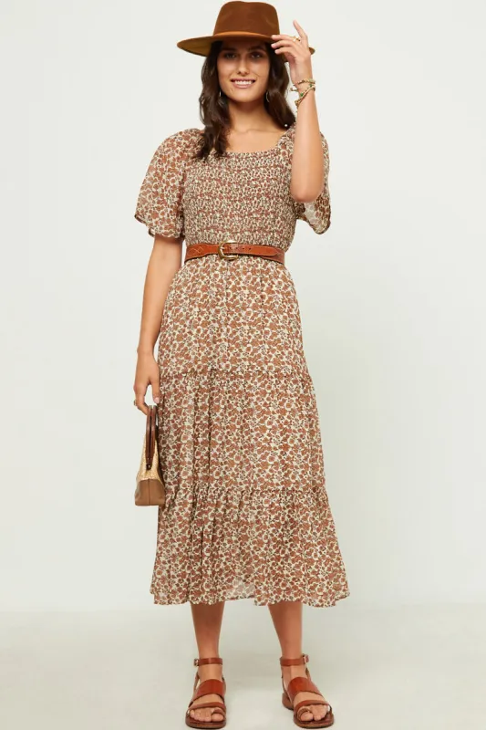 Womens Square Neck Smocked Puff Sleeve Midi Dress sold by Hayden