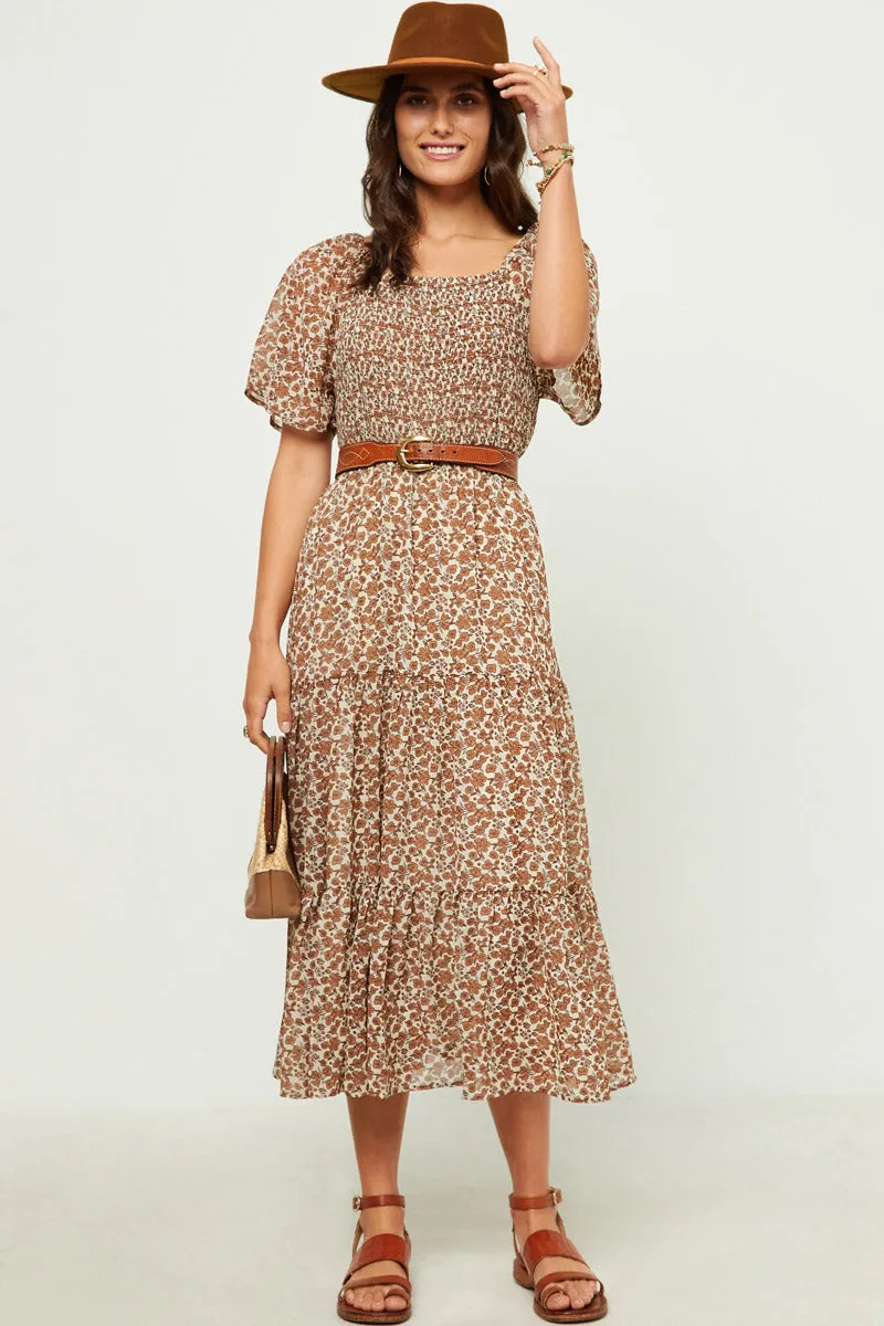 Womens Square Neck Smocked Puff Sleeve Midi Dress sold by Hayden