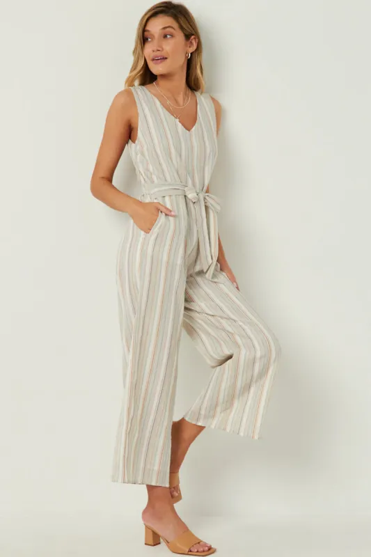 Womens Multi Stripe V Neck Sleeveless Belted Jumpsuit made by Hayden