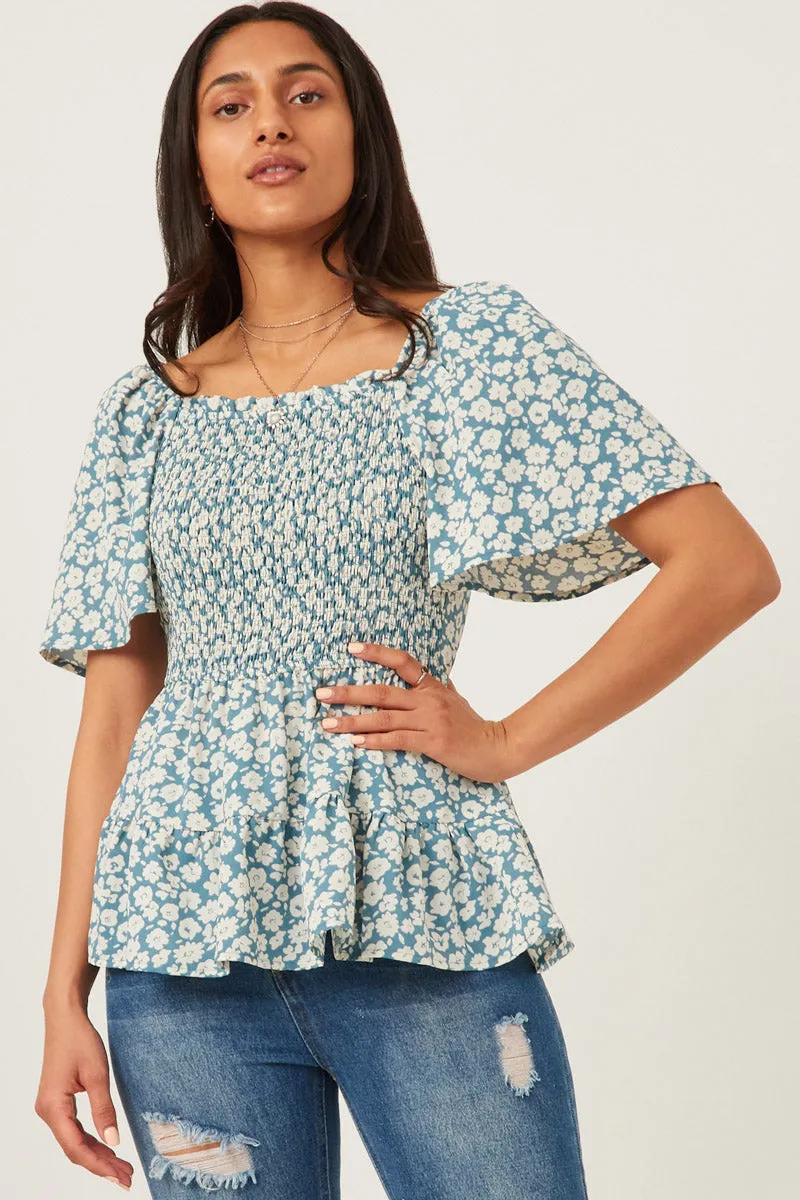 Womens Bell Sleeve Square Neck Floral Smocked Top sold by Hayden
