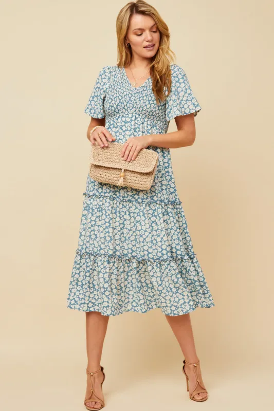 Womens Floral Print Smocked V Neck Tiered Dress made by Hayden