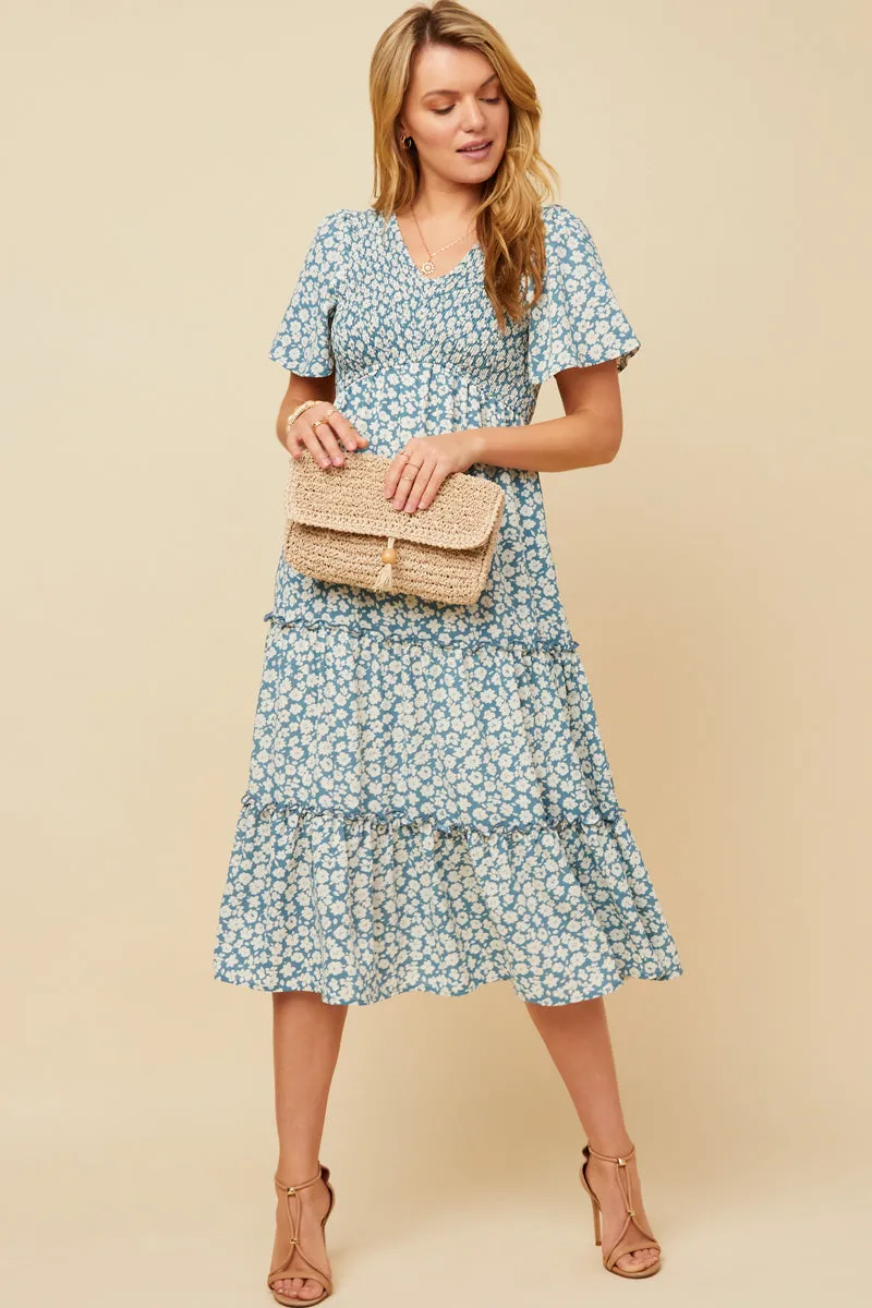 Womens Floral Print Smocked V Neck Tiered Dress sold by Hayden