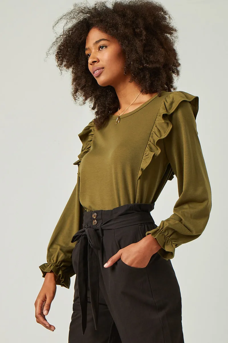 Womens Soft French Terry Cuffed Ruffled Long Sleeve Top sold by Hayden product image thumbnail 3