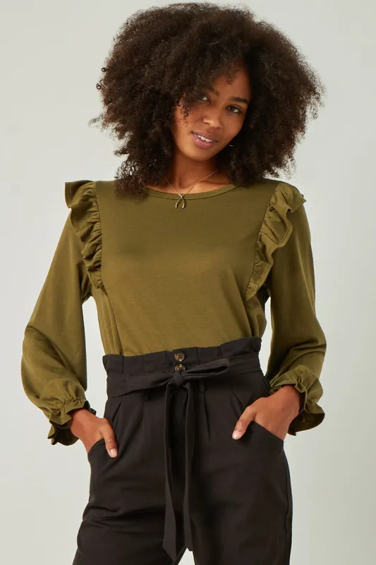 Womens Soft French Terry Cuffed Ruffled Long Sleeve Top sold by Hayden