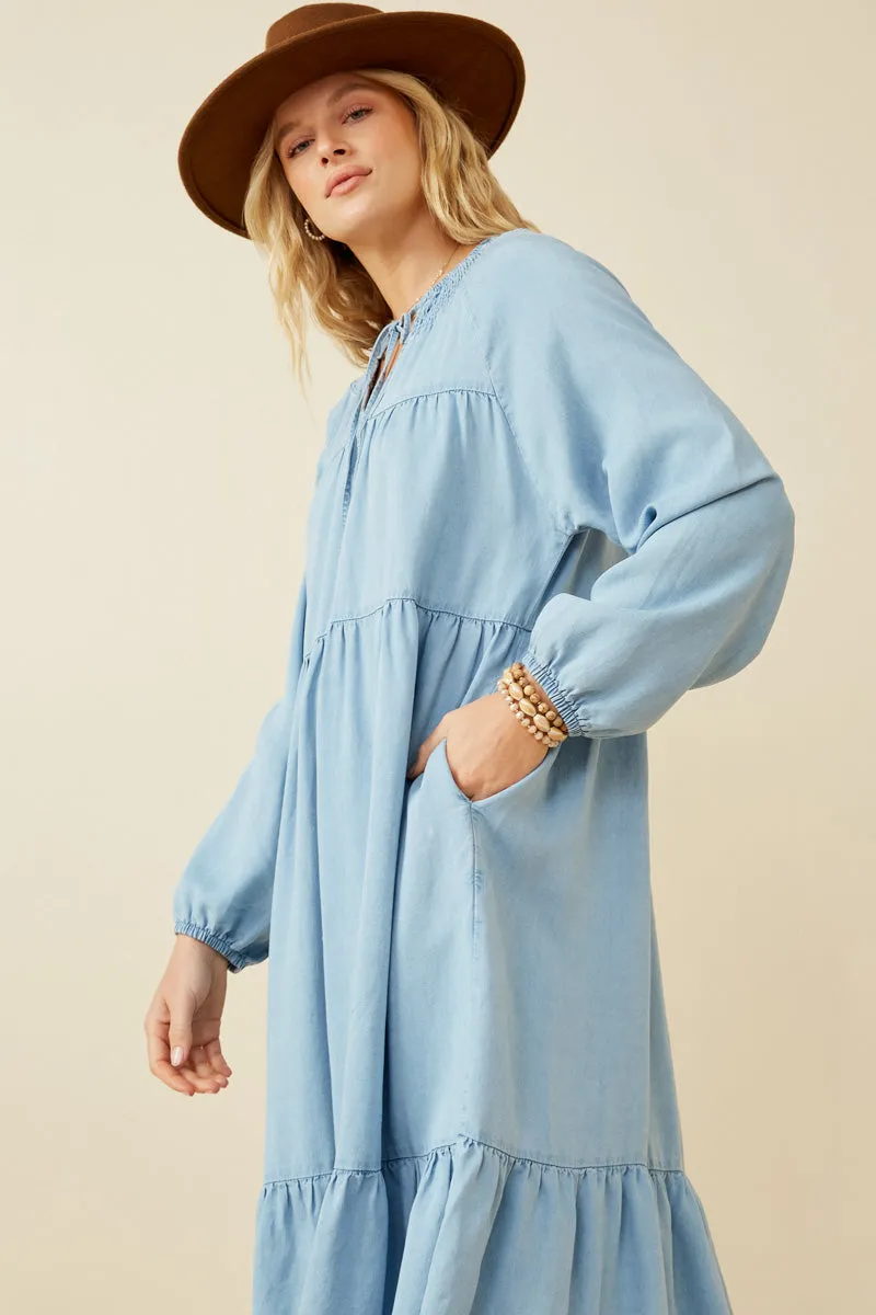 Womens Smock Detail Tie Neck Long Sleeve Tencel Dress sold by Hayden product image thumbnail 4