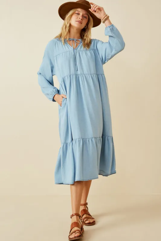 Womens Smock Detail Tie Neck Long Sleeve Tencel Dress made by Hayden