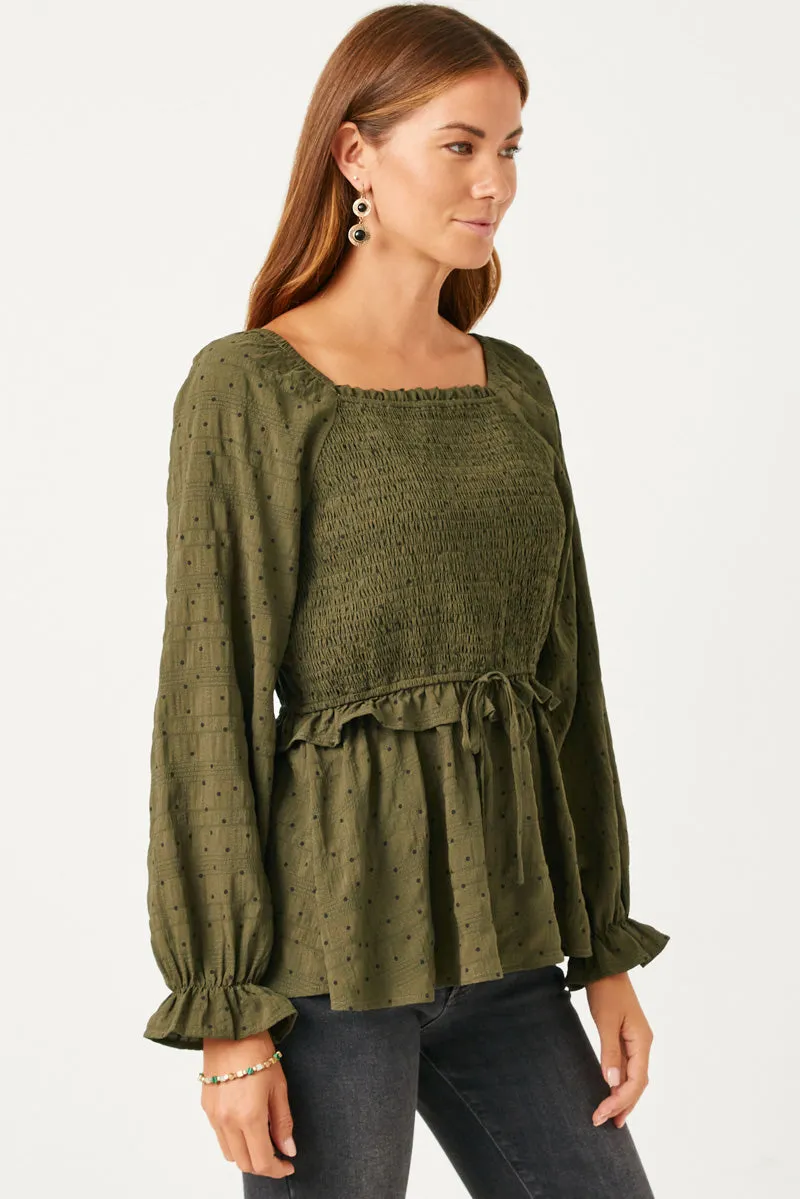 Womens Textured Polka Dot Smocked Bodice Tie Front Top sold by Hayden product image thumbnail 3