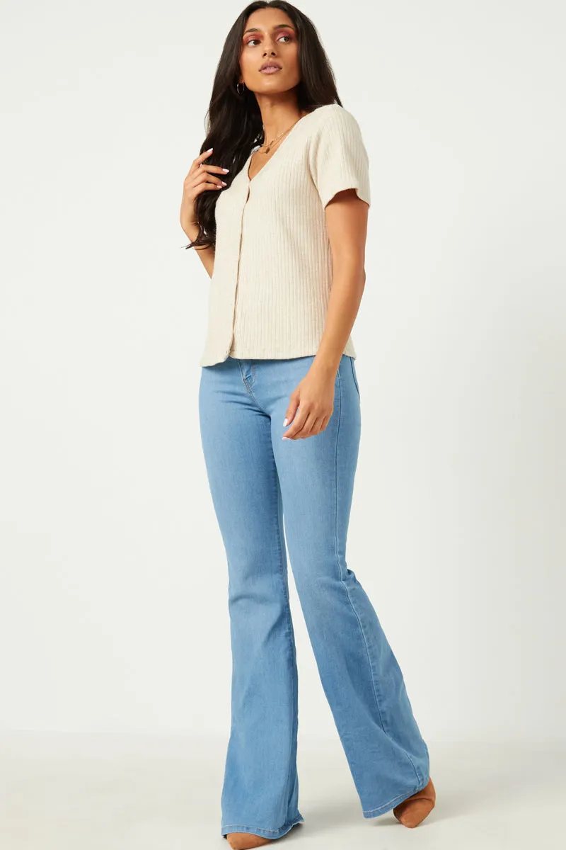 Womens Ribbed Button Down V Neck Short Sleeve Top sold by Hayden product image thumbnail 3