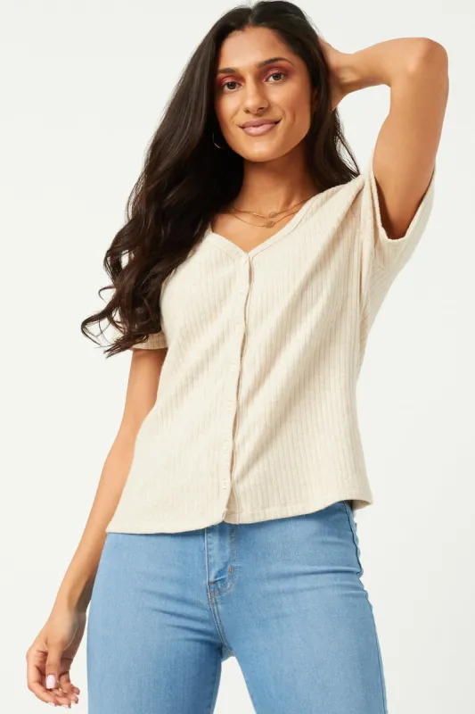 Womens Ribbed Button Down V Neck Short Sleeve Top sold by Hayden