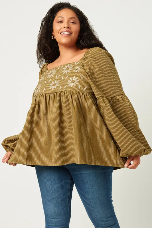 Womens Floral Petal Embroidered Bodice Puff Sleeve Textured Stripe Top sold by Hayden