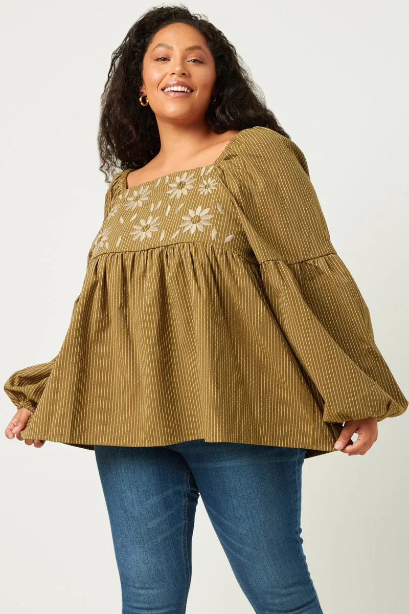 Womens Floral Petal Embroidered Bodice Puff Sleeve Textured Stripe Top sold by Hayden