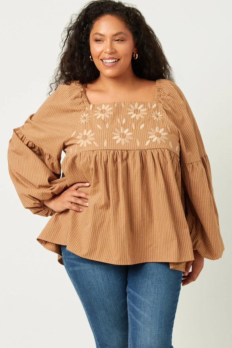 Womens Floral Petal Embroidered Bodice Puff Sleeve Textured Stripe Top sold by Hayden product image thumbnail 5