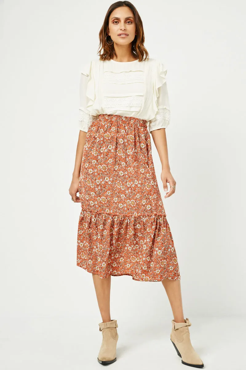Womens Elastic Waist Floral Printed Ruffle Tier Skirt sold by Hayden