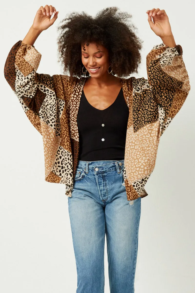 Womens Patchwork Leopard Print Gathered Sleeve Open Cardigan sold by Hayden