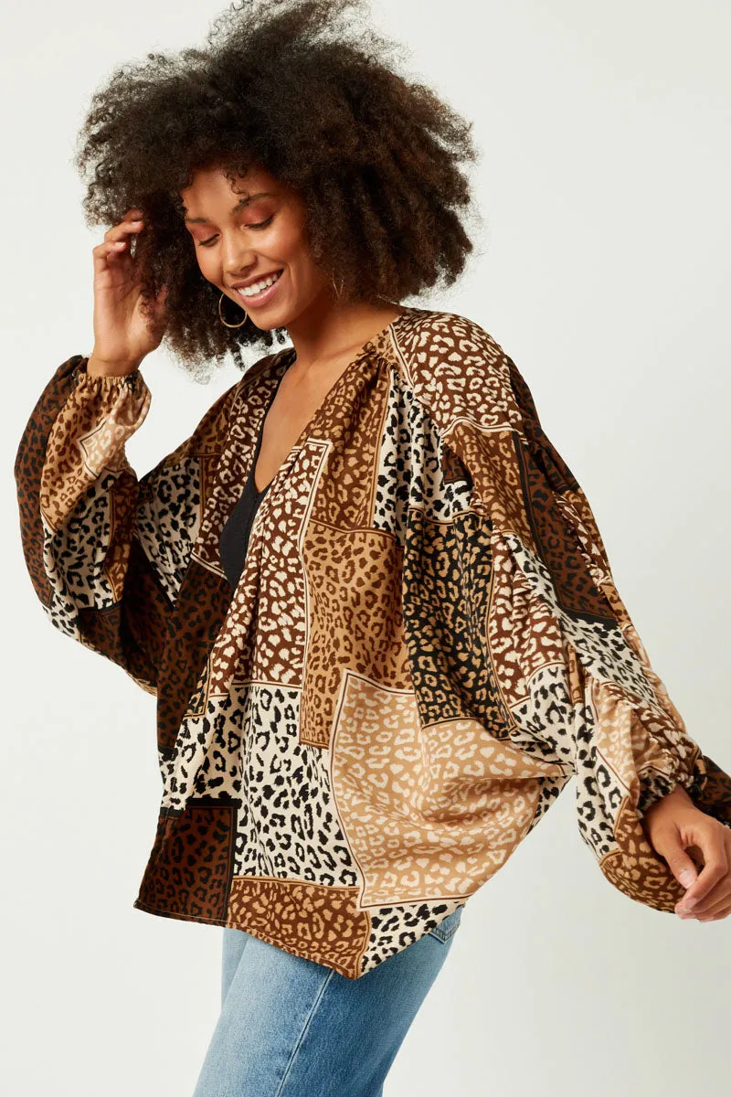 Womens Patchwork Leopard Print Gathered Sleeve Open Cardigan sold by Hayden product image thumbnail 3