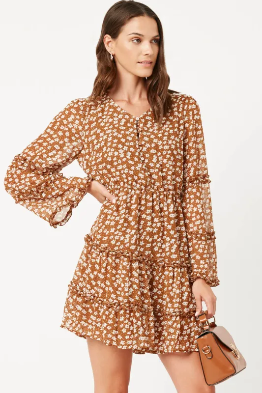 Womens Ruffled Detail Floral Trumpet Sleeve Dress made by Hayden