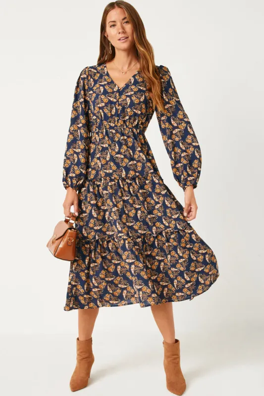 Womens V Neck Floral Paisley Print Long Sleeve Dress sold by Hayden