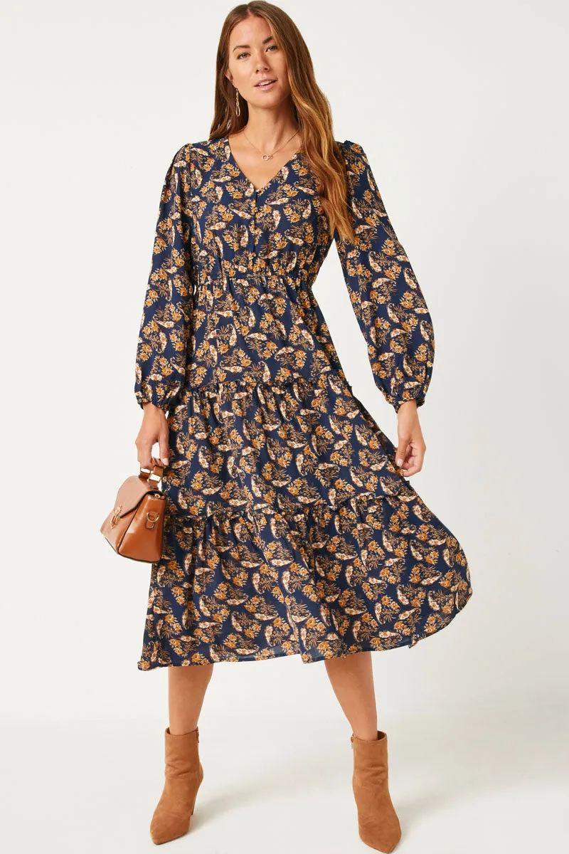 Womens V Neck Floral Paisley Print Long Sleeve Dress sold by Hayden