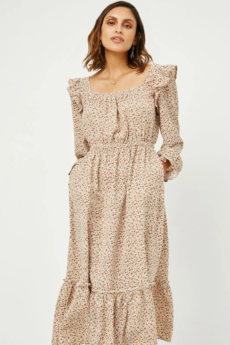 Womens Ditsy Floral Squared Ruffle Neck Long Sleeve Dress sold by Hayden product image thumbnail 3