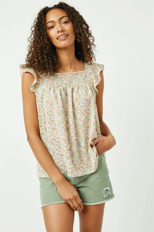 Womens Flutter Sleeve Smocked Bodice Printed Top sold by Hayden