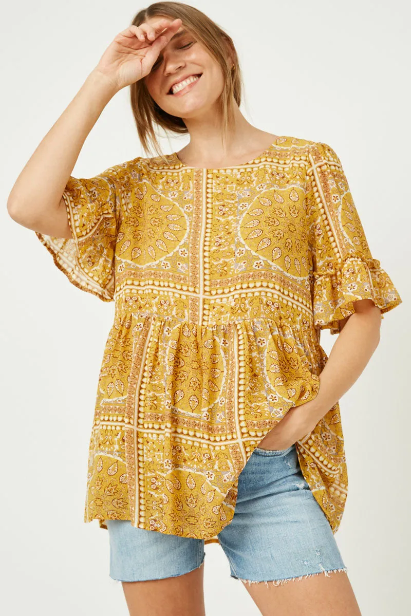 Womens Bandana Print Ruffle Sleeve Peplum Top sold by Hayden