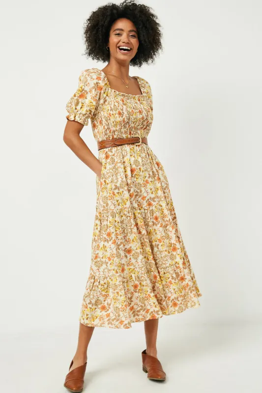 Womens Square Neck Puff Sleeve Smocked Midi Dress made by Hayden