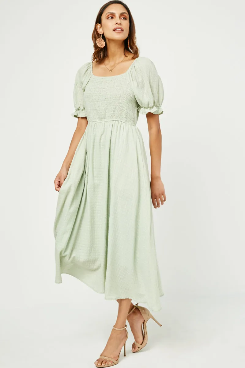 Womens Textured Smocked Bodice Puff Sleeve Midi Dress sold by Hayden